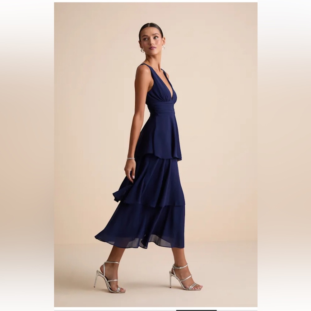 Lulus Celebration Time Tiered Midi Dress Navy Sz Large NWT